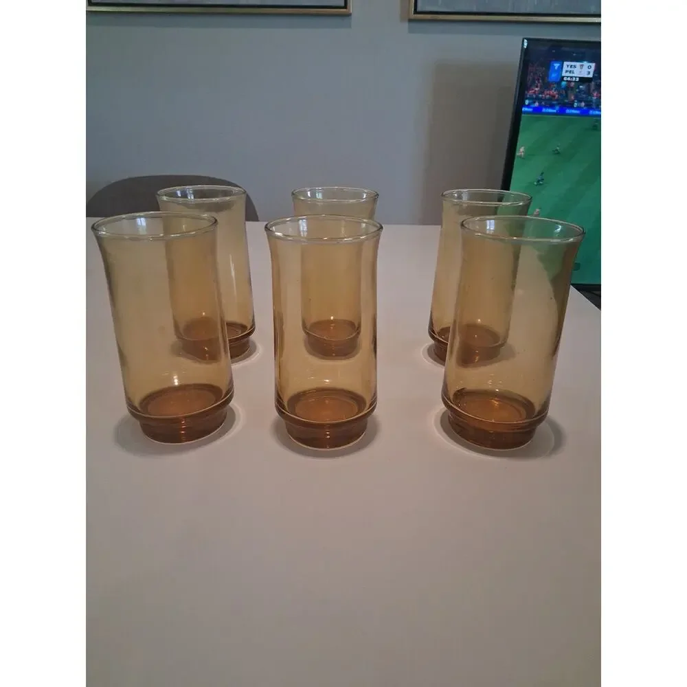 Set of 6 Vintage Anchor Hocking Esprit Honey Gold Amber Highball Glasses 12oz